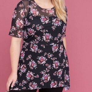 Lane Bryant shirt - black/pink floral short sleeve sheer mesh high/low tunic